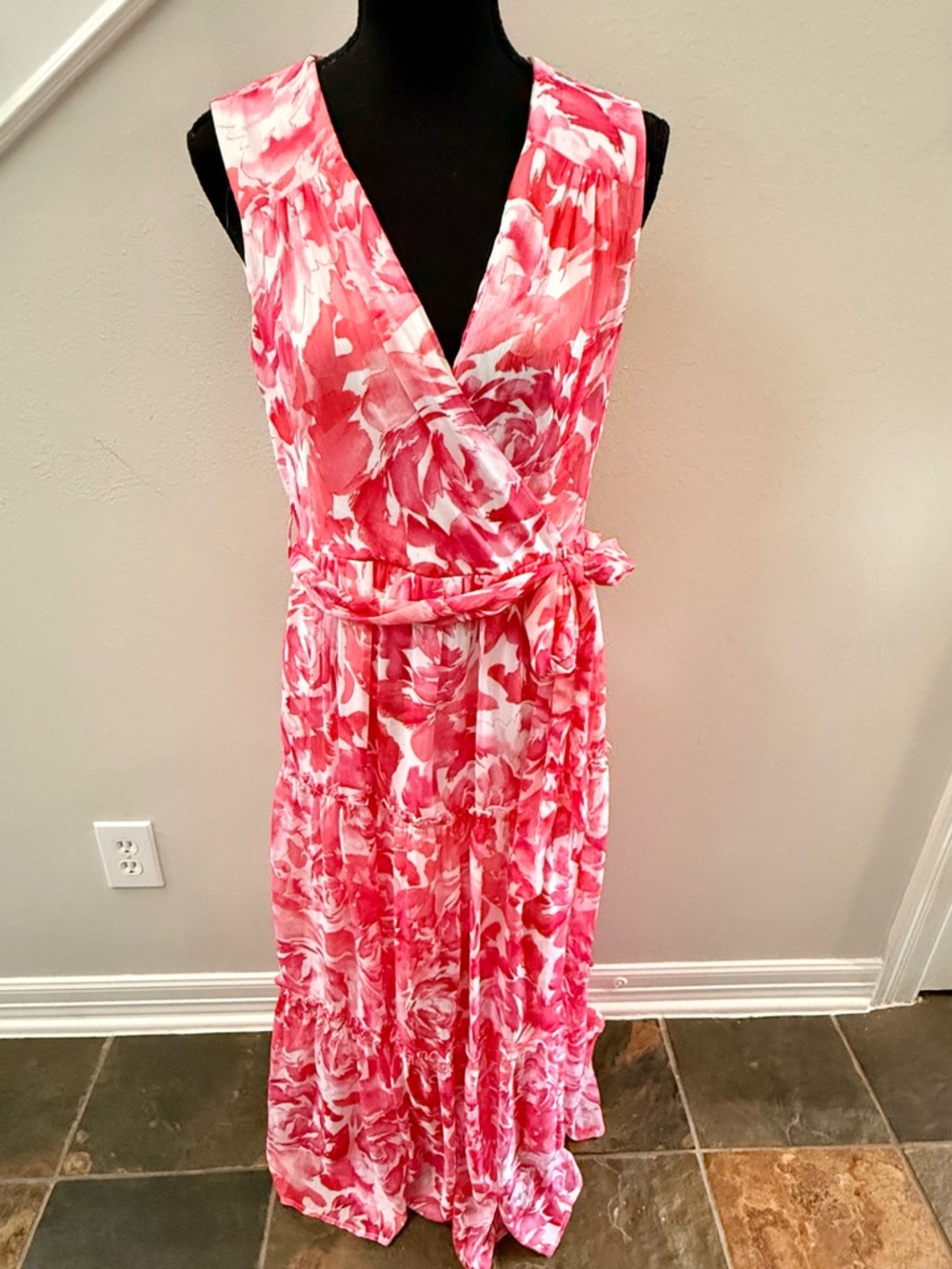 Calvin Klein Pink and White Floral Wrap Maxi Dress